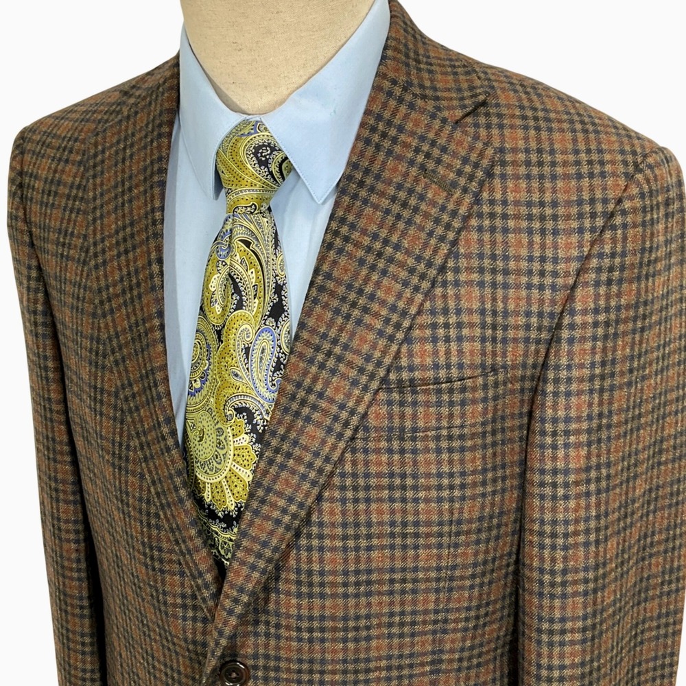 Hart Schaffner Marx Blazer Mens 40R Brown Plaid Gold Trumpeter Loro Piano Italy‎